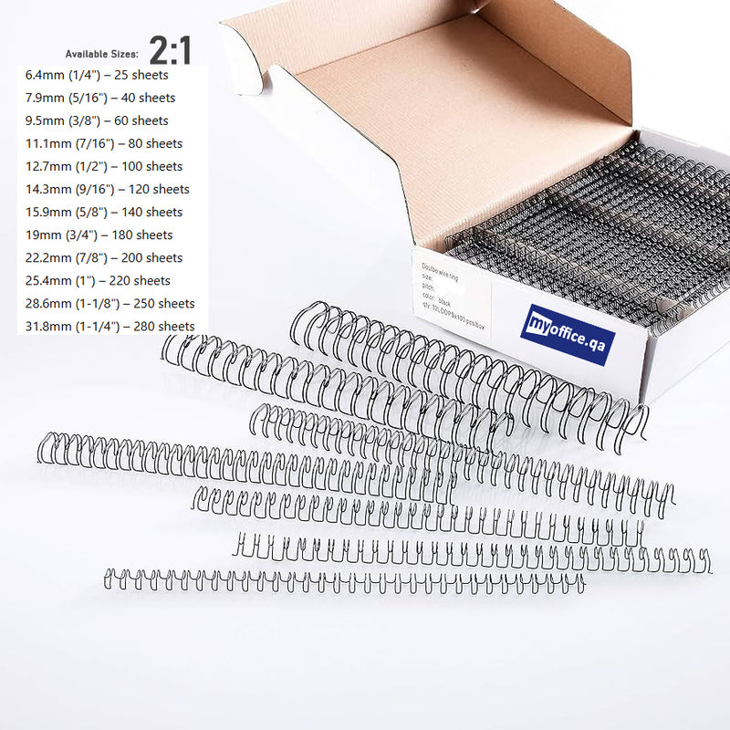 Rayson Binding Wires - (2:1) 6.4mm ,1/4”, 25 sheets, 23 Loops, Black or White (Pack of 100)