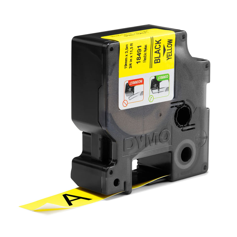 Compatible Dymo RHINO 18491 flexible nylon tape 19mm x 3.5m Label Tape Black on Yellow