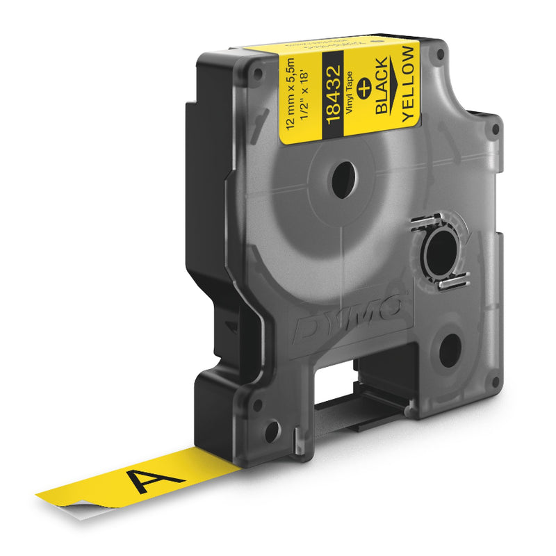 Compatible Dymo RHINO 18432 vinyl 12mm x 5.5m Label Tape Black on Yellow