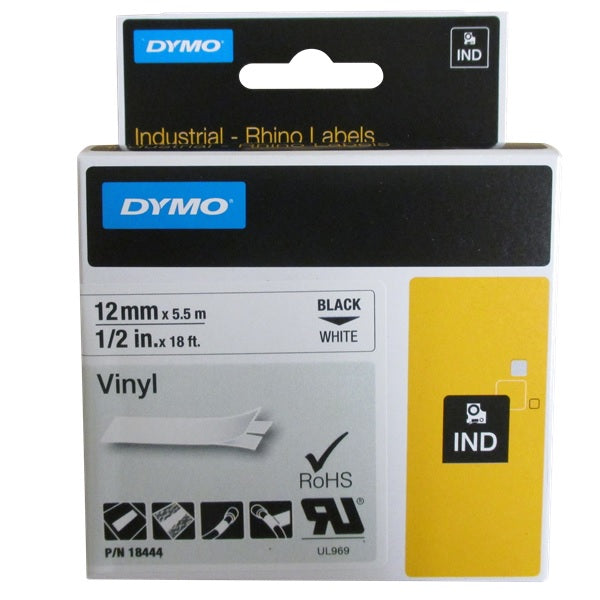 DYMO RHINO TAPE 12MMX5.5M WHITE VINYL (DY18444)