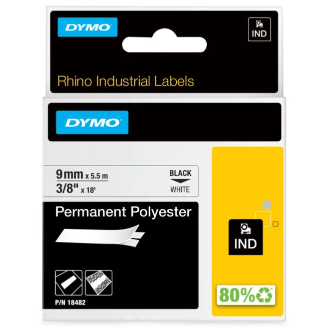 DYMO RHINO 9MMX5.5M WHITE PERMANENT POLYSTER (DY18482)