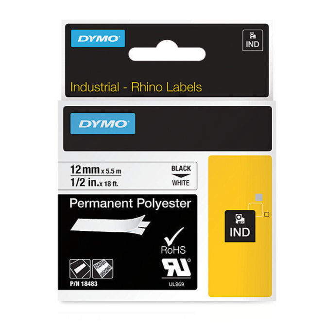 DYMO RHINO 12MMX5.5M WHITE PERMANENT POLYSTER (DY18483)