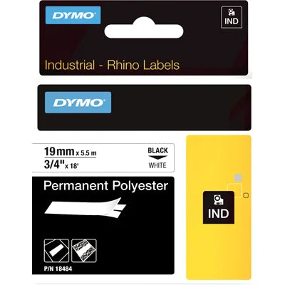DYMO RHINO 19MMX5.5M WHITE PERMANENT POLYSTER (DY18484)