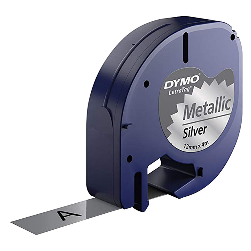 DYMO LETRA TAG METALLIC TAPE 12MMX4M BLACK ON SLIVER (DYS0721730)