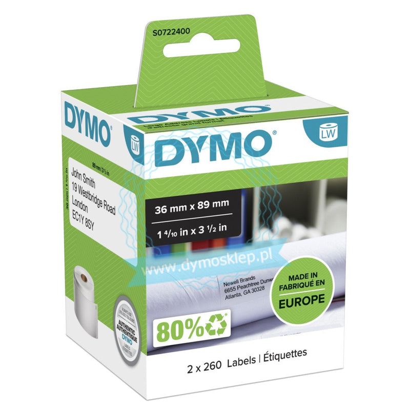 DYMO ADDRESS LABEL 36MMX89MM 2X260 LABELS (DYS0722400)