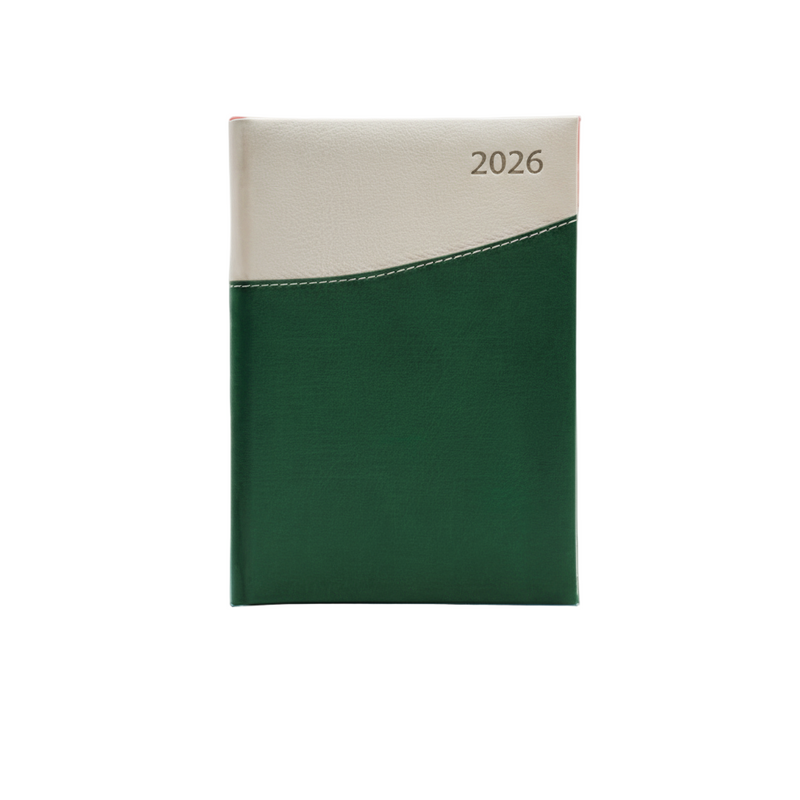 A5 Polyurethane(PU) Leather Padded Green & Cream Diary 2026 (A5-16)