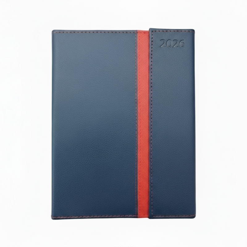 B5 Polyurethane(PU) Leather Padded Blue & Red Stitching with magnetic fold Diary 2026 (B5-22)