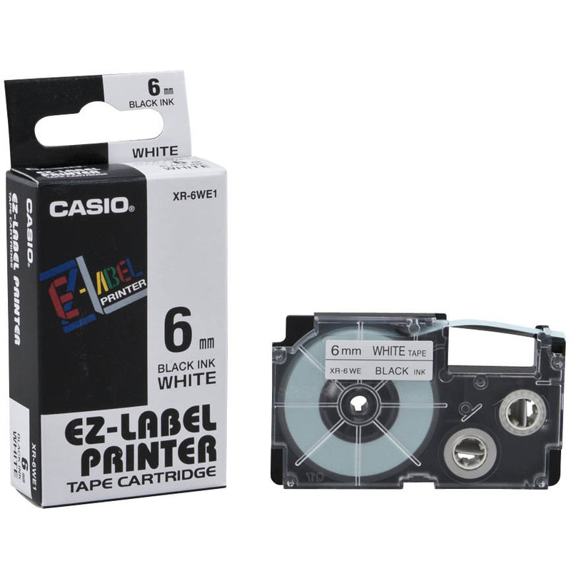 Casio XR-6WE1 Tape Cassette, 6mm X 8m, Black on White