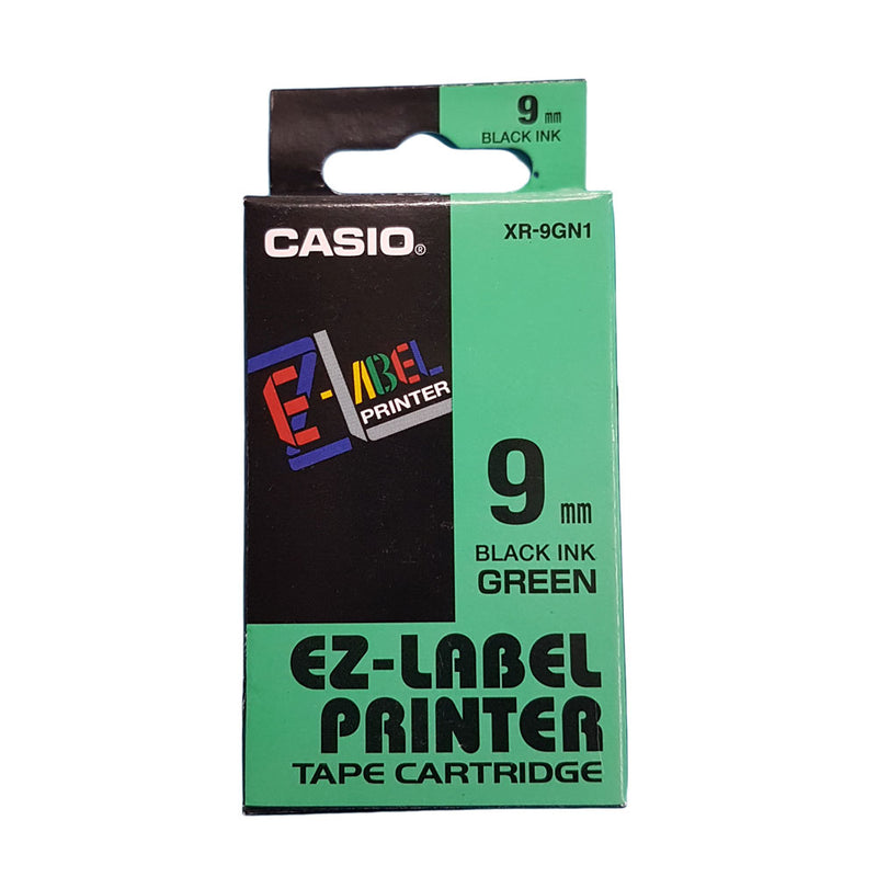 Casio XR-9GN1 Tape Cassette, 9mm X 8m, Black on Green