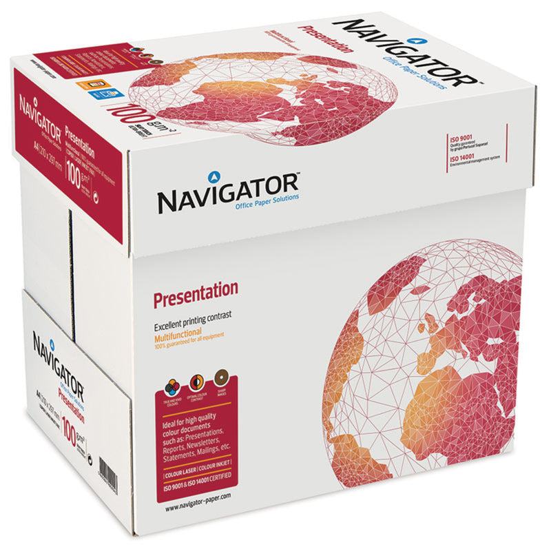 Navigator A4 100gsm صندوق من الورق الأبيض اللامع فائق النعومة والسميك عالي الجودة، 2500 ورقة