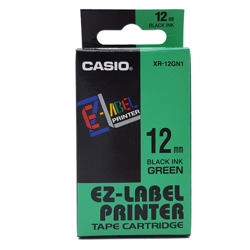 Casio XR-12GN1 Tape Cassette, 12mm X 8m, Black on Green