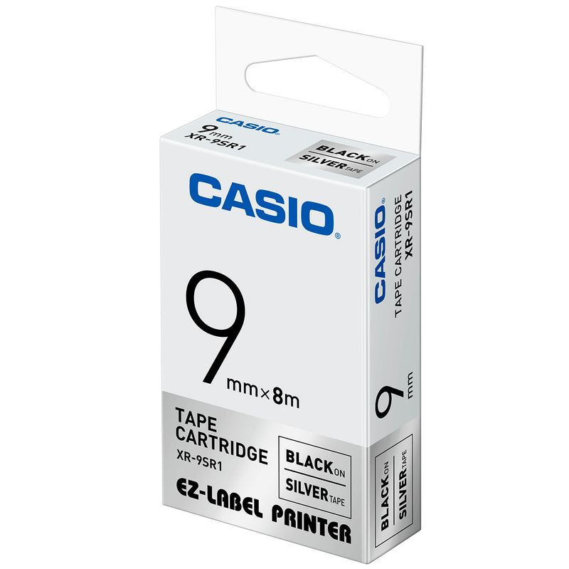 Casio XR-9SR1 Tape Cassette, 9mm X 8m, Black on Silver