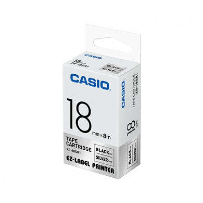 Casio XR-18SR1 Tape Cassette, 18mm X 8m, Black on Silver