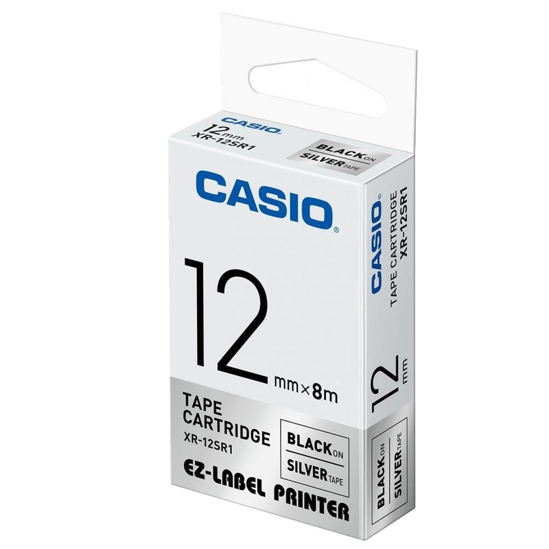 Casio XR-12SR1 Tape Cassette, 12mm X 8m, Black on Silver