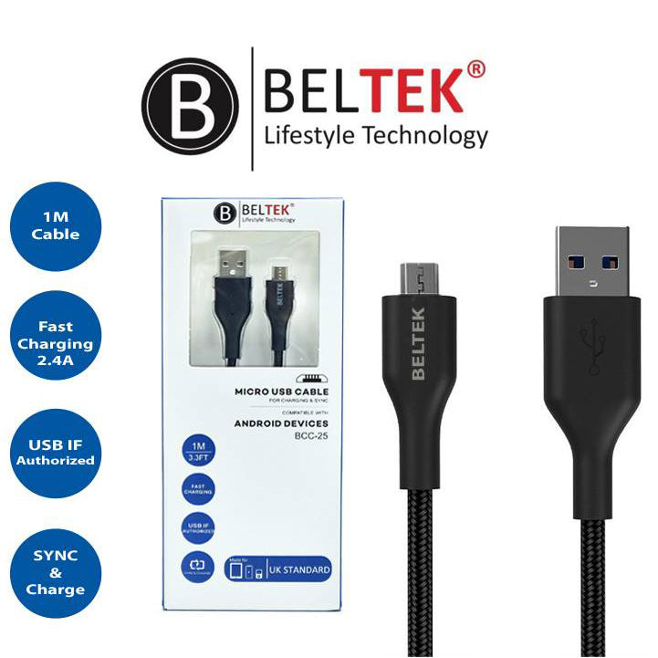 Beltek BCC-25 Micro 1 meter braided charging cable black