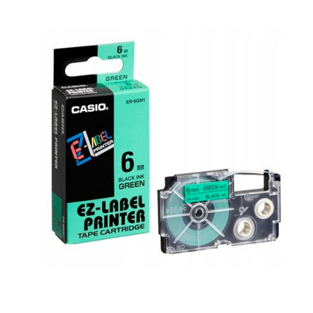 Casio XR-6GN1 Tape Cassette, 6mm X 8m, Black on Green