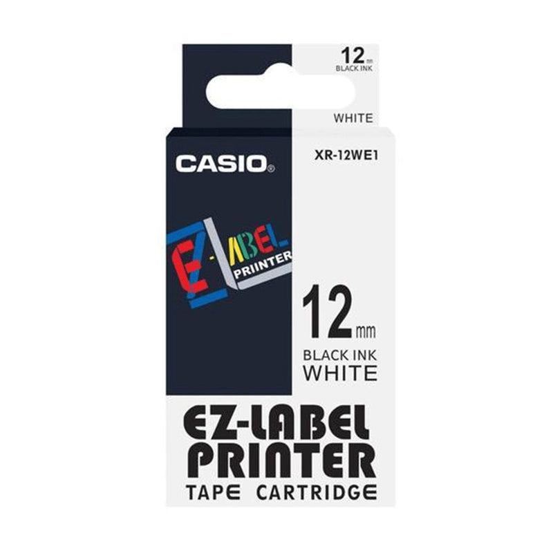 Casio XR-12WE1 Tape Cassette - 12mm x 8m, Black on White