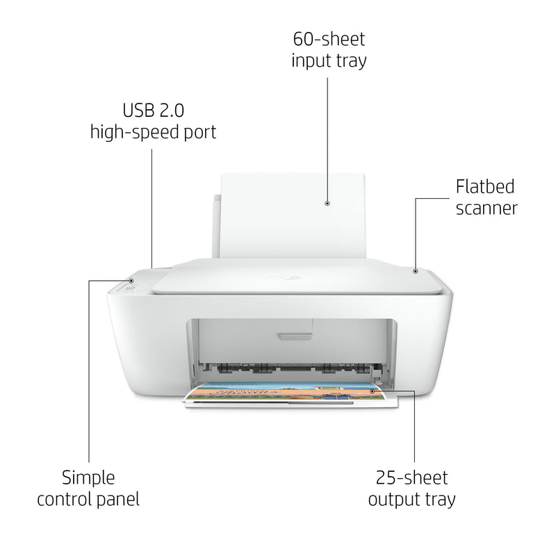 طابعة HP DeskJet 2320 الكل في واحد مقاس A4، قابس USB؛ الطباعة والمسح الضوئي والنسخ - أبيض