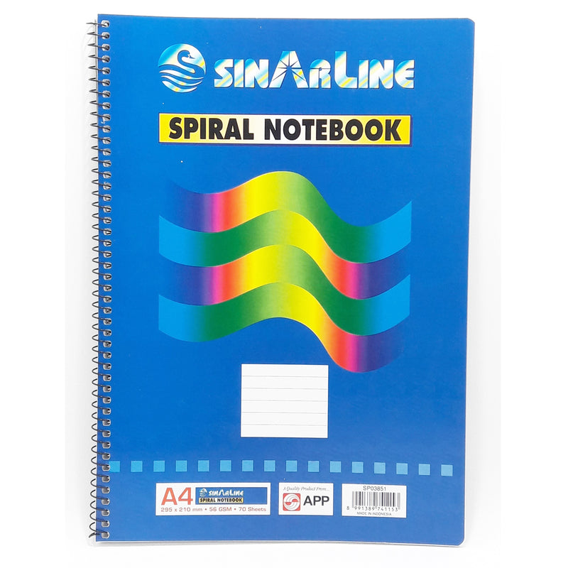 Sinarline Side Spiral Notebook A4, 56gsm, 70 Sheets, Line Ruled