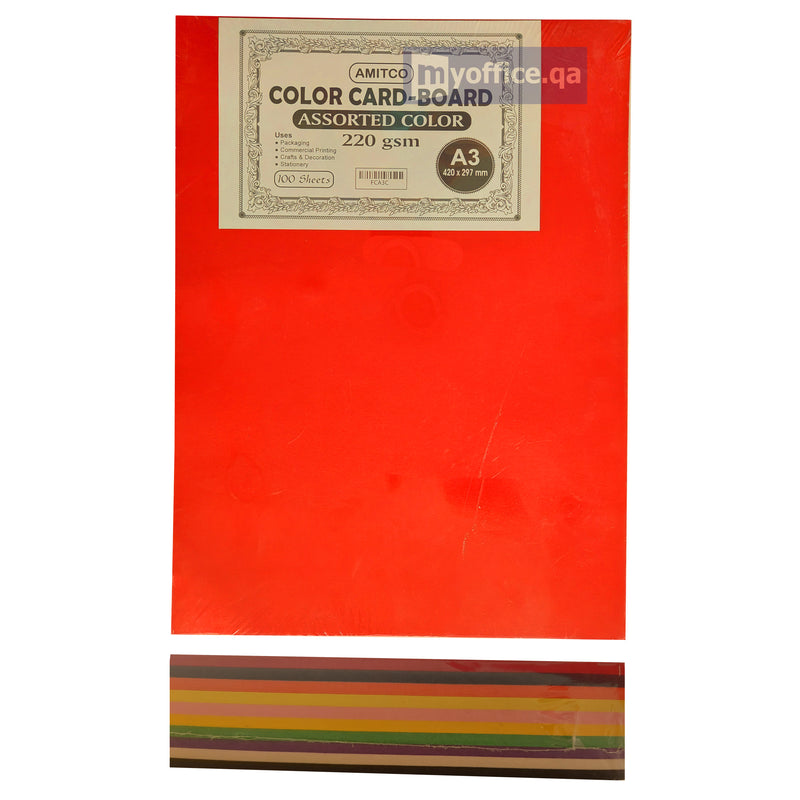 Premium Color Card-Board - 220gsm, A3,  Assorted Colors, 100 Sheets